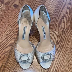 Cream pearl embellished satin open toe stiletto heel Manolo Blahnik